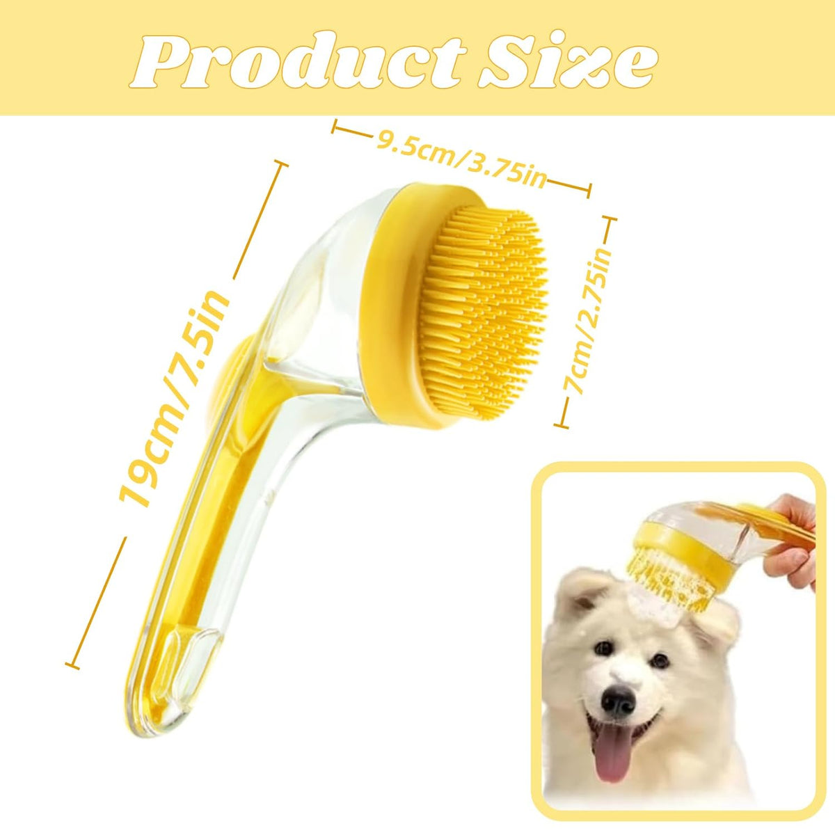 Dog Bath Brush, 2 in 1 Pet Grooming Bath Massage Brush with Soap and Shampoo Dispenser Soft Silicone Bristle Dog Scrubber for Long Short Haired Dogs Cats Shower-Yellow