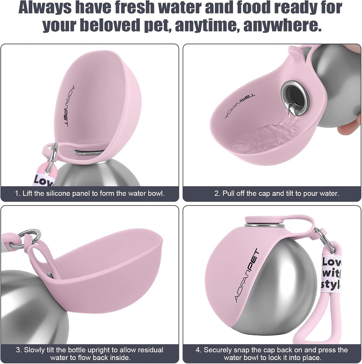Portable Dog Water Bottle with Collapsible Silicone Bowl, 10Oz