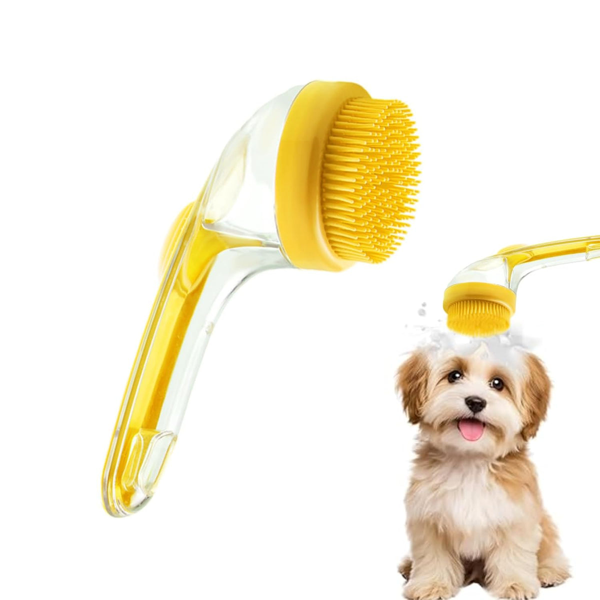 Dog Bath Brush, 2 in 1 Pet Grooming Bath Massage Brush with Soap and Shampoo Dispenser Soft Silicone Bristle Dog Scrubber for Long Short Haired Dogs Cats Shower-Yellow