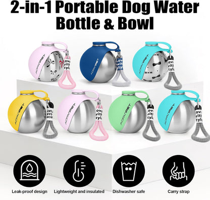 Portable Dog Water Bottle with Collapsible Silicone Bowl, 10Oz